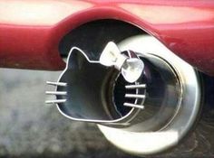 the tail end of a red car with a cat shaped exhaust pipe