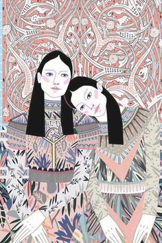 two women with long black hair are in front of an intricately designed background, and one is holding her head to the side