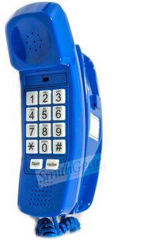 an old style blue phone with buttons and numbers on it's front side, against a white background