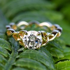 an engagement ring sitting on top of a leafy green plant with a diamond in the center