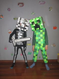 two children in costumes made to look like minecraft characters