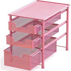 three pink drawers with mesh dividers on each side and one drawer in the middle