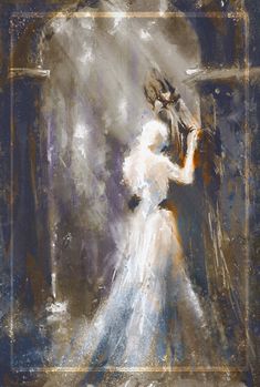 an abstract painting of a woman in white dress