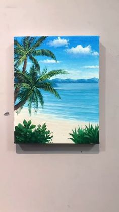 an acrylic painting of palm trees on the beach with blue water in the background