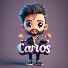 a cartoon character holding the word caros in his hands and posing for a photo