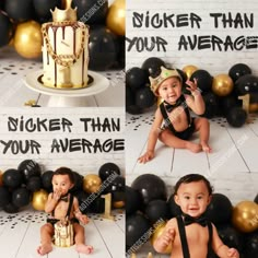 two photos of a baby in front of a birthday cake and black and gold balloons