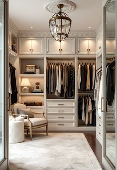 Walk in Closet Ideas Walk In Closet Seating Ideas, Wall Closet Ideas Bedroom Modern, His Walk In Closet, Luxury Master Closet Design, Modern House Closet, Walk In Closet With Full Length Mirror, Container Store Closet Ideas, Walk Through Master Closet