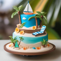 a blue and white cake decorated with palm trees, beach chairs and a sailboat