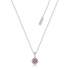 two necklaces with captain america symbols on them, one is silver and the other is red