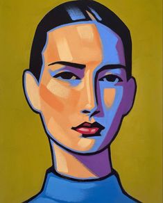 a painting of a woman's face with blue and yellow colors in the background