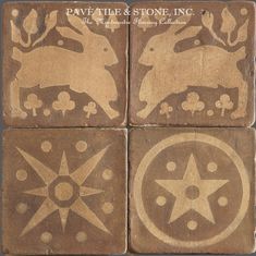 four square tiles with animals on them and stars in the middle one is painted brown