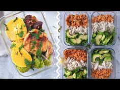 four plastic containers filled with food on top of a table