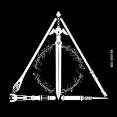 the deathly hallows logo is shown in black and white on a dark background