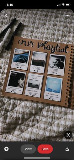 an instagram page is displayed on a bed with pens and notebooks next to it