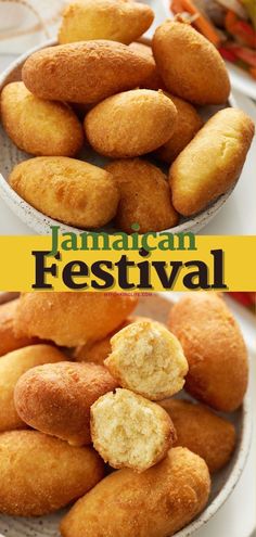 there are several different types of food on the plate and in the bowl, with words that read jamaican festival