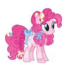 a pink pony with big eyes and a bow on it's head, standing in front of a white background