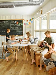 a group of people sitting around a table in front of a chalkboard with writing on it