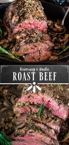 roast beef with mushrooms and herbs in a skillet