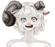 a drawing of a woman with ram horns on her head and red tongue sticking out