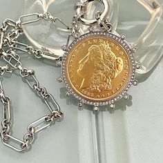 Silver Chain Coin Necklace-Silver Multi Link Chain-Gold Reproduction M - Vanessadesigns4u Gold Coin Pendant, Silver Coin Necklace, Sterling Necklace, Peace Dollar, Book Photo, Dollar Coin, Photo Locket, Gold Coin, Charm Pendant Necklace