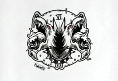 a black and white drawing of two wolf heads