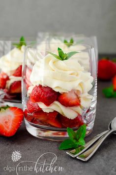 strawberries and cream dessert in small glass dishes