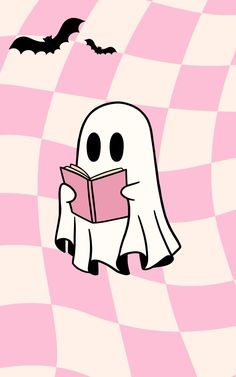 a cartoon ghost reading a book while flying through the air with bats above it on a pink and white checkered background