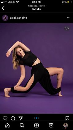 a woman in black shirt and skirt posing on purple background with her legs spread out