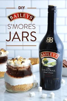 bailey's smores jars with marshmallows on the side and an empty bottle next to them