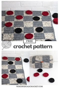 the crocheted rug is shown with red and black circles on it, along with two