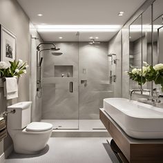 a bathroom with a toilet, sink and shower