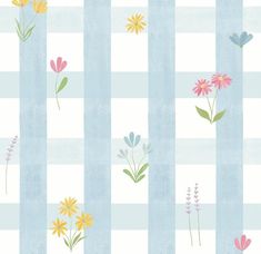 a blue and white checkered wallpaper with flowers on it