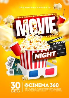 the movie night flyer with popcorn, 3d glasses and film claps on an orange background