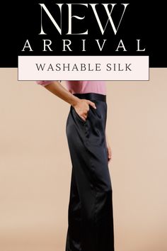 Don't let the fear of ruining your silk keep you from enjoying it. Our women's silk pants are not only luxurious but also washable. Choose from classic black, earthy olive green, or vibrant wine to add a touch of elegance to your outfit. Perfect for the woman who loves to combine style with practicality. #silkpants #washablesilk #silkoutfit #classy #classysilkoutfits #silkpantsoutfitclassy Sleek Silk Wide Leg Pants, Silk Tapered Leg Bottoms For Evening, Sleek Silk Straight Pants, Sleek Silk Wide Leg Bottoms, Elegant Silk Pants With Tapered Leg, Sleek Silk Straight Leg Pants, Chic Silk Bottoms For Evening, Chic Silk Pants For Night Out, Silk Bottoms For Work