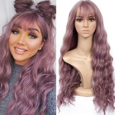 Long Wavy Wig, Air Bangs, Purple Wig, Wavy Wig, Pink Wig, Curly Hair Women, Hair Replacement, Brown To Blonde, Synthetic Wig