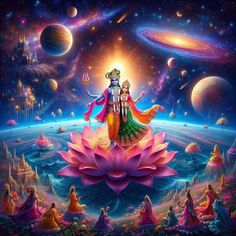 the god and goddess are sitting on top of a lotus flower in front of planets