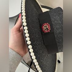 Limited Edition 100% Authentic Gucci Black Pearl Embellished Trim Straw Hat. Original Price $1500. Brand New Never Worn With Tag. Gucci Hat, Gucci Accessories, Gucci Black, Black Pearl, Straw Hat, Limited Editions, Straw