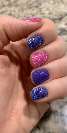 Blue And Hot Pink Nails, Hot Pink And Blue Nails, Purple Gel Nails, Quick Nail Art, Purple Glitter Nails, Sns Nails Colors, Glitter Manicure, Long Square Nails, Teal Nails