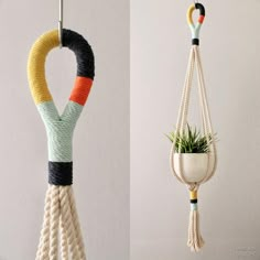 two different types of macrame hangings, one with a plant in it