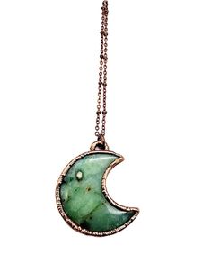 "Previews and updates, visit us on Instagram - @mergingmetals Chrysoprase Crescent Moon Necklace Called the stone of Venus, is the rarest and most valuable rich apple-green gemstone in the chalcedony family and was often mistaken for emeralds by ancient jewelers. Chrysoprase is one of the birthstones for May and has traditionally symbolized happiness, enterprise and prudence. It is a powerful stone that brings good fortune and prosperity.  Pendant measures approximately 1.75\" in height x 1.50\" Green Moon Charm Round Necklace, Green Moon Charm Necklace, Green Necklace With Moon Charm, Green Crescent Moon Charm Jewelry, Celestial Green Jewelry With Moon Charm, Handmade Green Crescent Jewelry, Emerald Pendant Necklace, Electroformed Jewelry, Crescent Moon Necklace