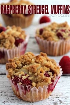 raspberry streusel muffins with crumbled topping on top