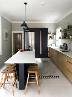 a kitchen with two stools next to an island