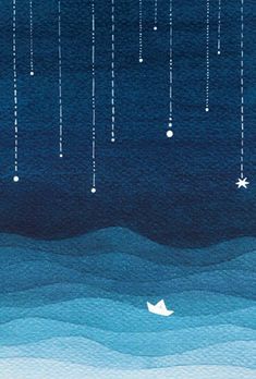 a paper boat floating in the ocean with stars hanging from it's strings above