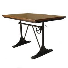 a wooden table with two metal legs and a square top on an isolated white background