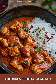 chicken tikka masala with rice in a bowl