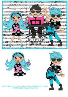 the paper dolls are wearing blue hair and black clothes, one is holding a guitar