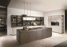 a modern kitchen with black and white decor