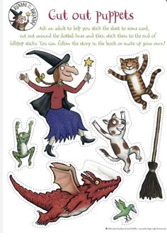 an image of cut out puppets with cats and dogs on them, including a witch