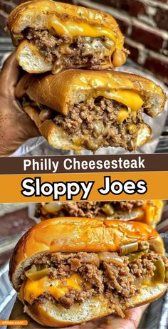 there are two pictures of sloppy joes with cheese and meat on them, one is cut in half