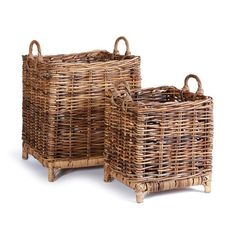 two wicker baskets sitting next to each other